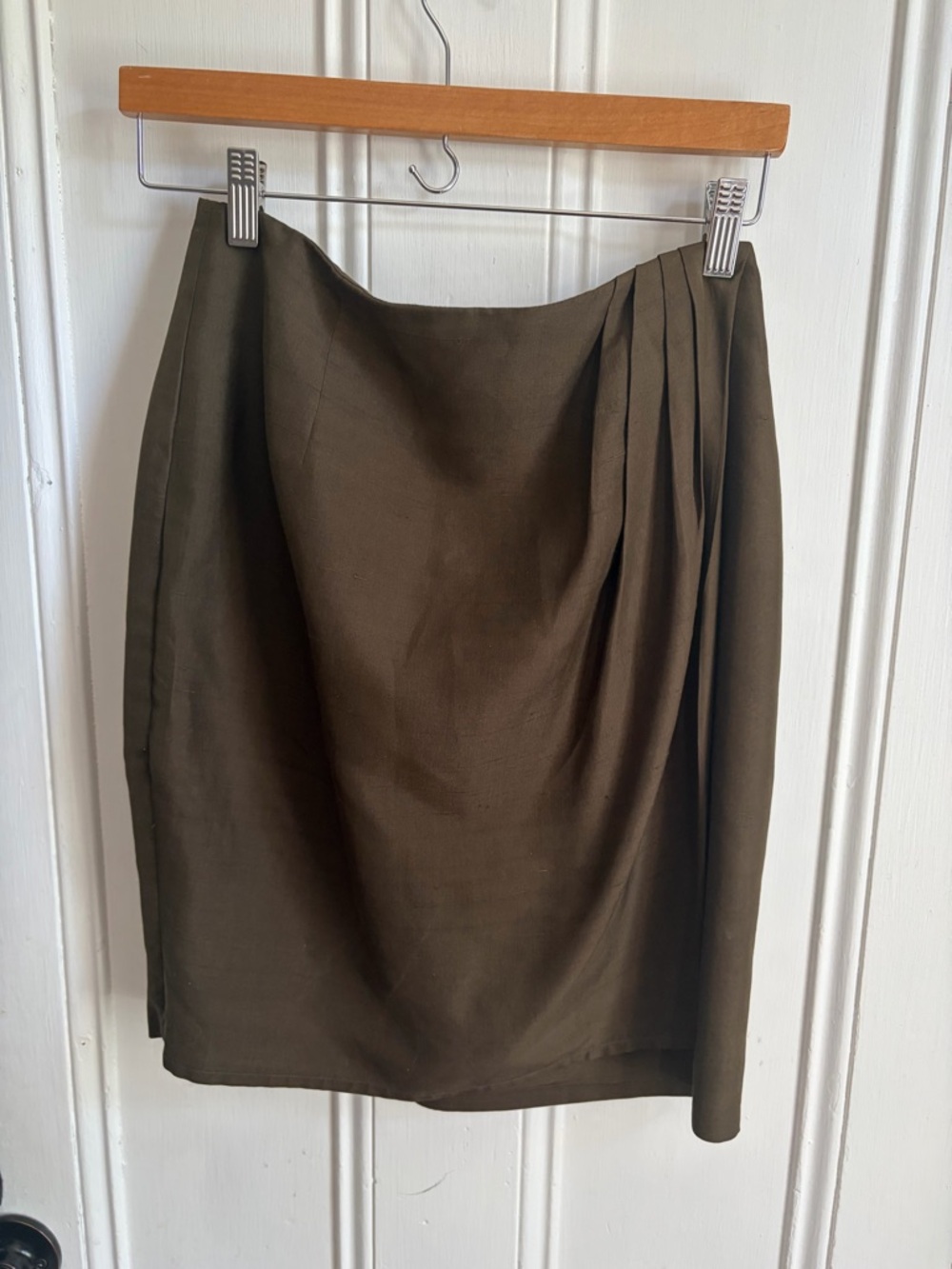 Vintage Talbots Petites 10P Olive Green 100% Silk Draped Pencil Skirt Korea
